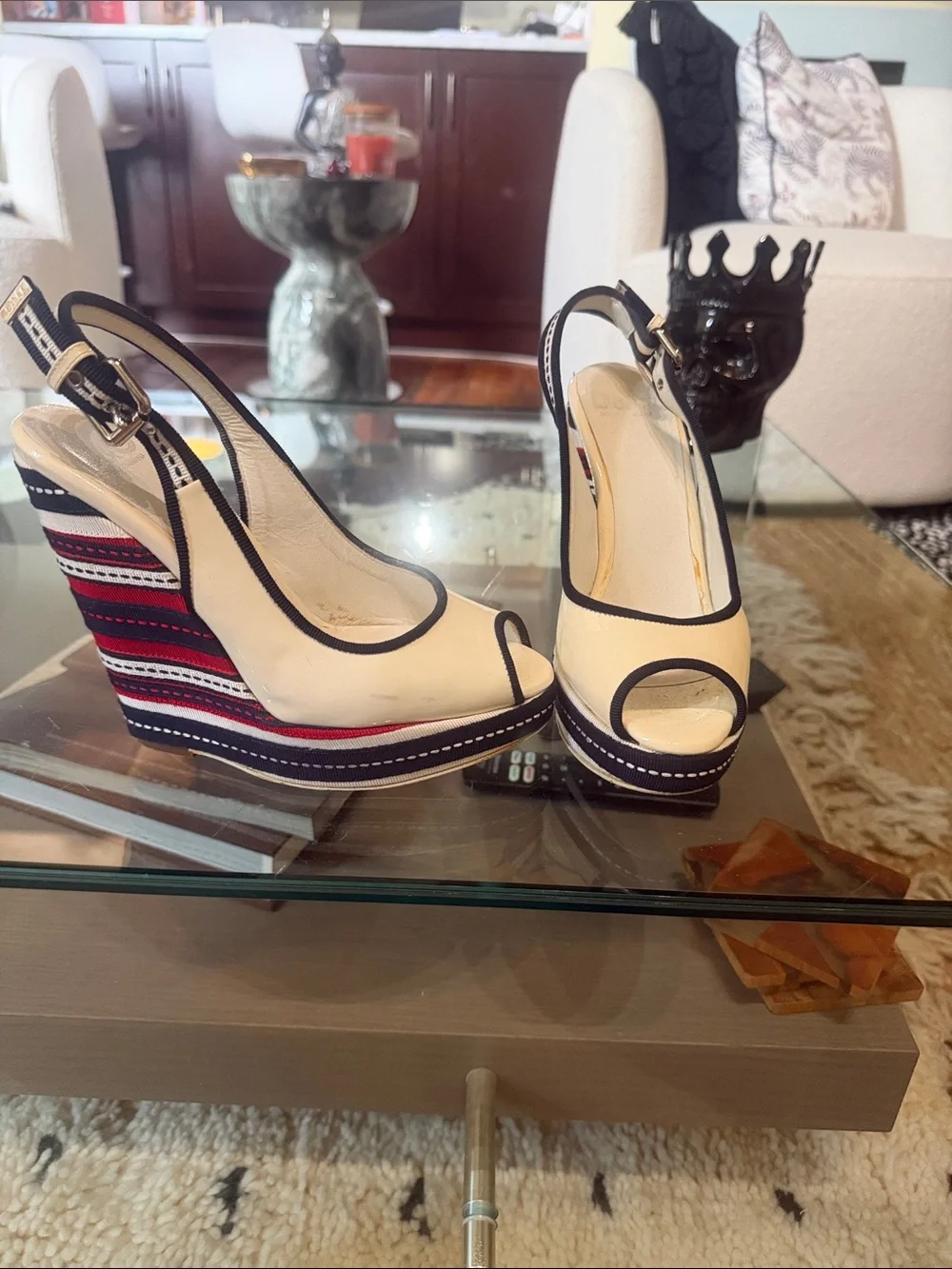 D&G Cream and Black Peep-Toe Slingback Wedges